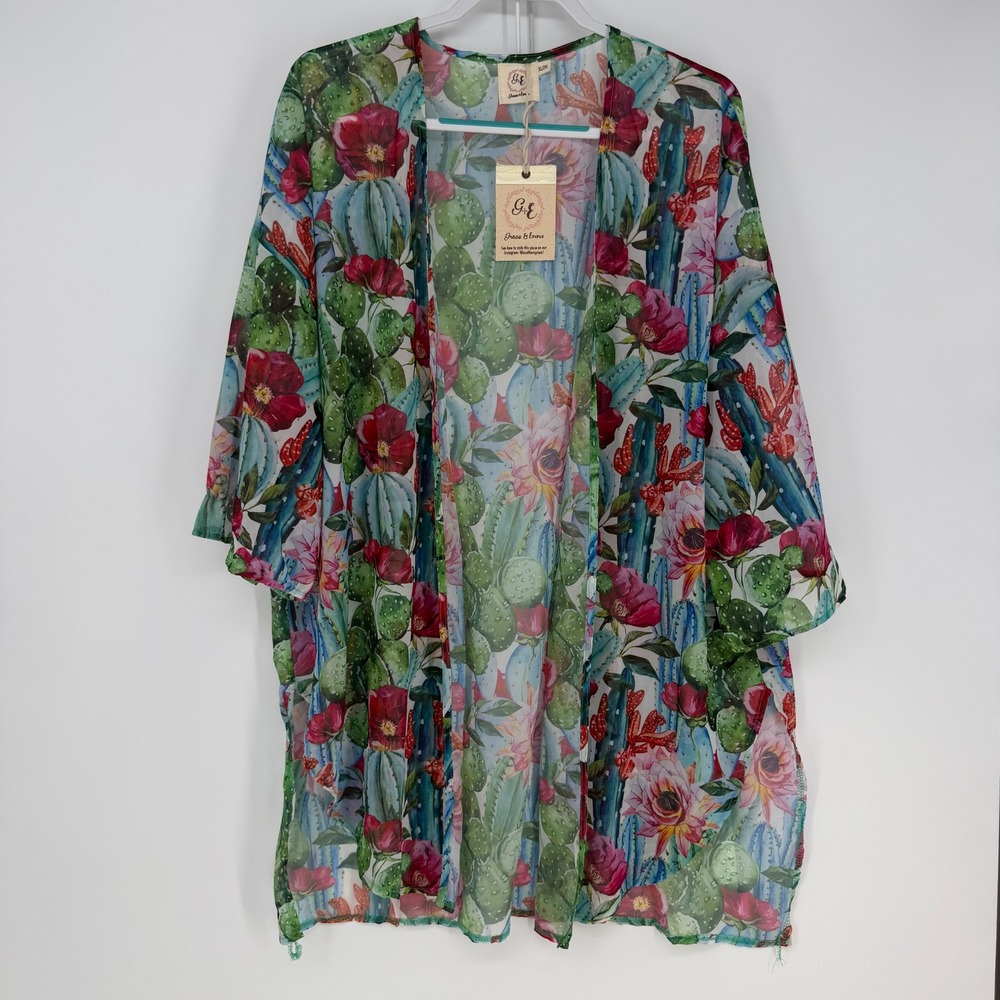 Grace & Emma‎ Kimono Womens XL/2XL Multi Cactus Floral Sheer Boho Desert Resort